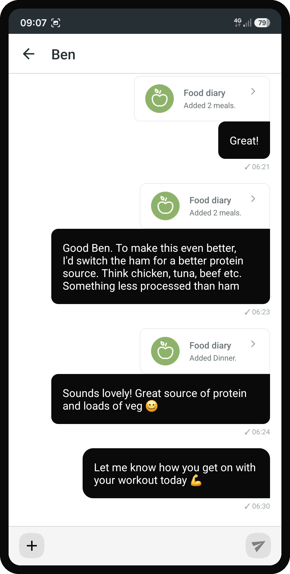A morning of messages between coach and client in the app