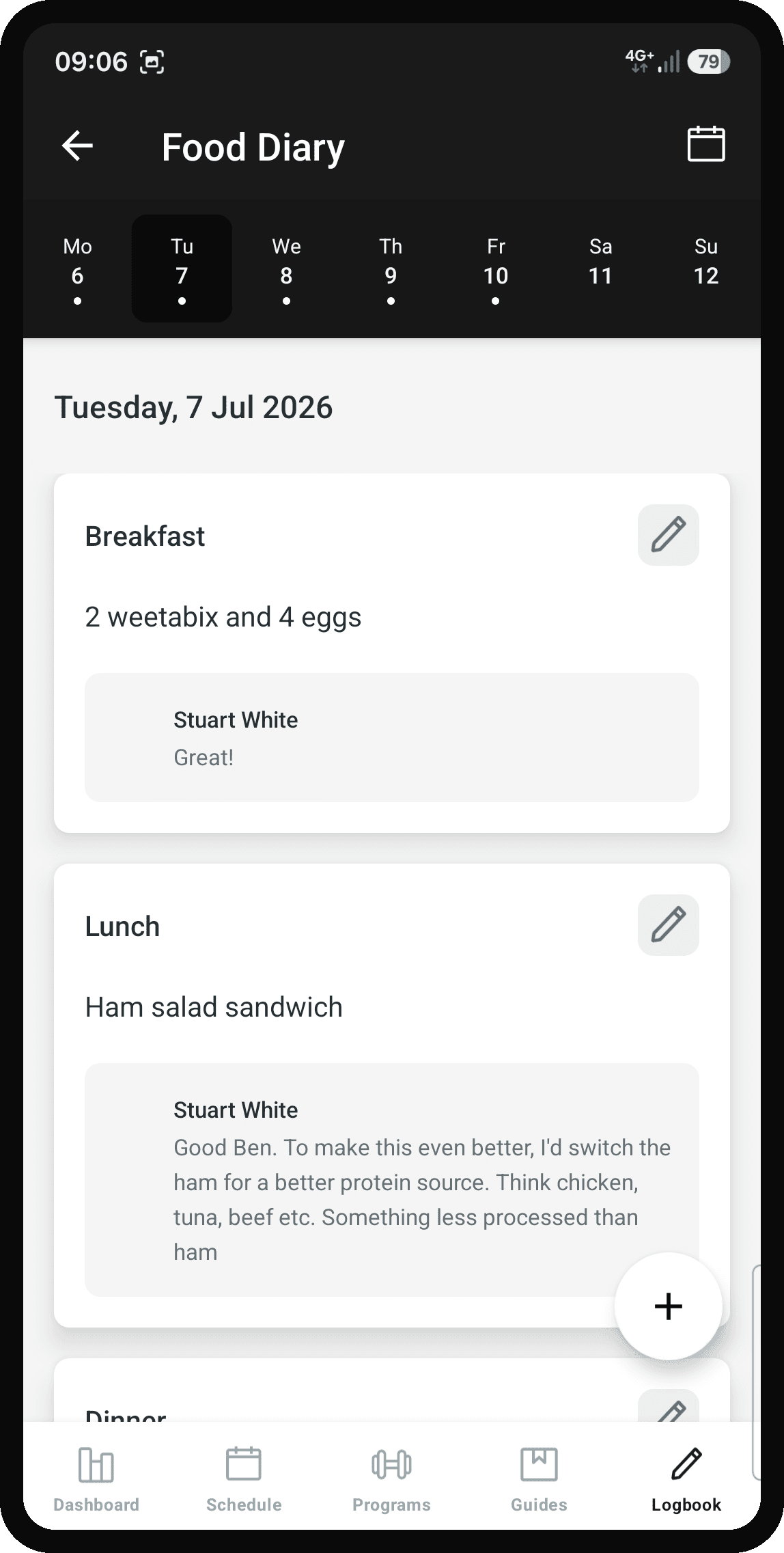 A food diary in the app with the coach's replies under each meal
