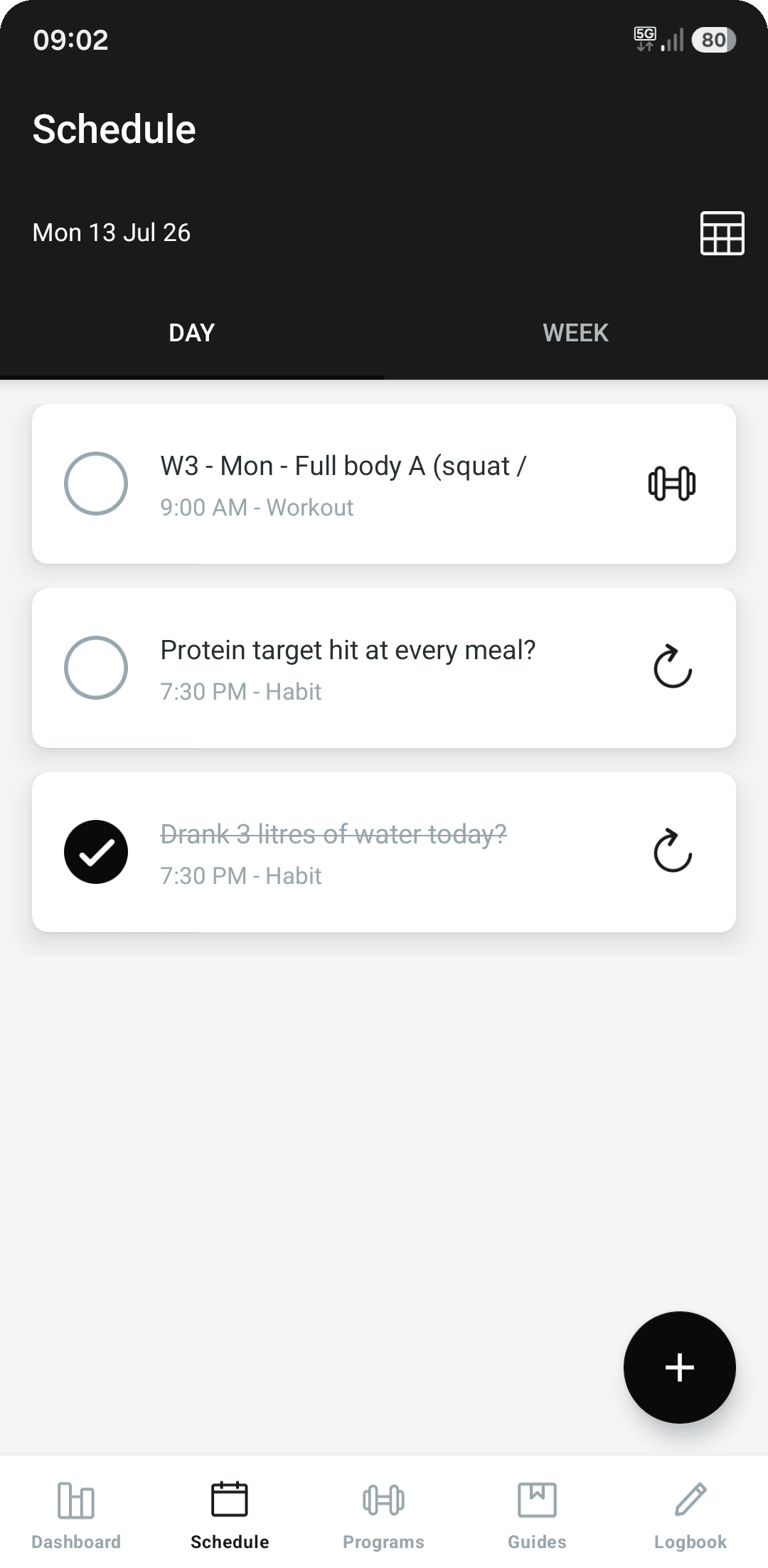 The coaching app showing a day’s workout and habit targets