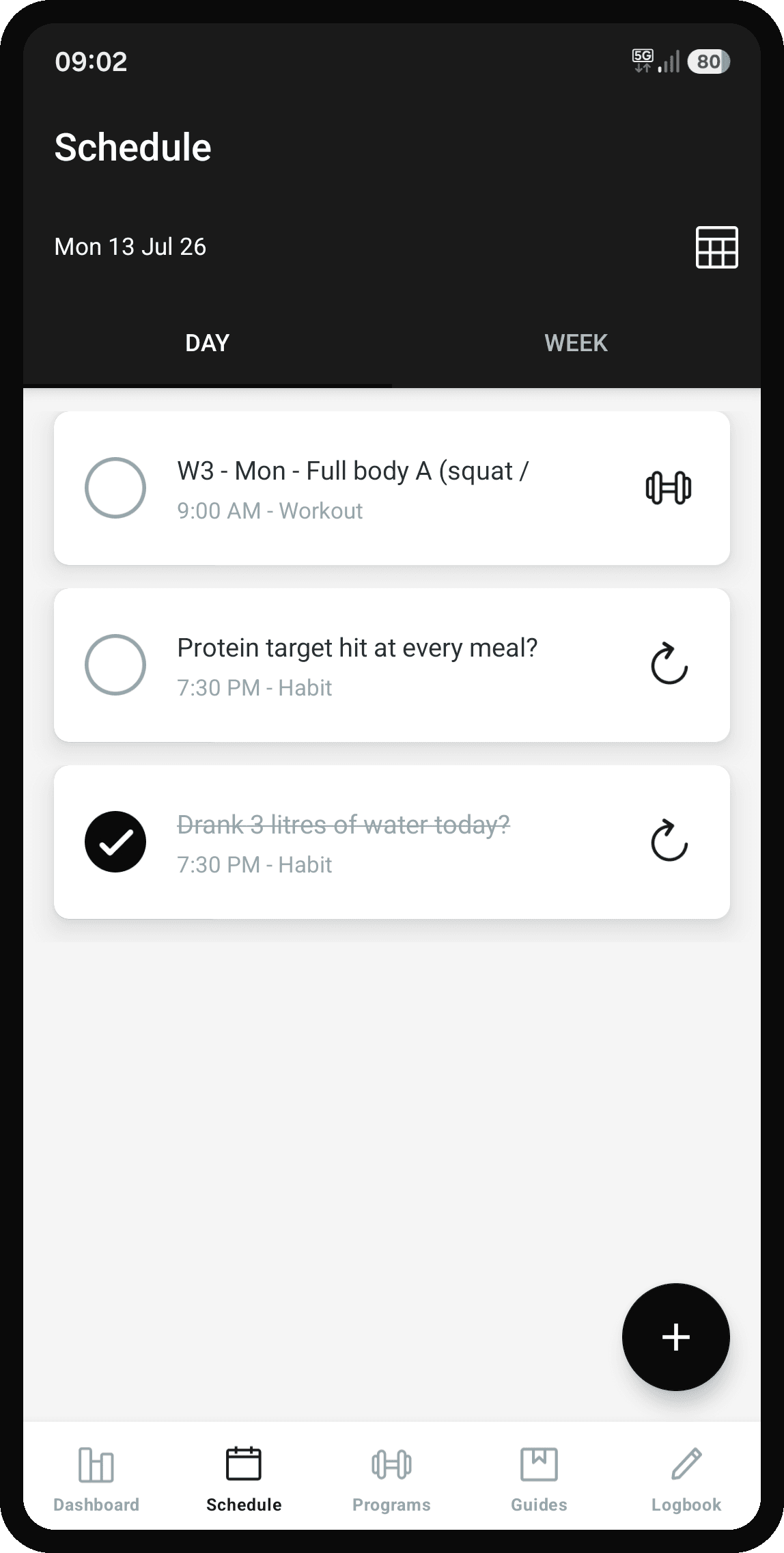 The coaching app showing a day's workout and habit targets