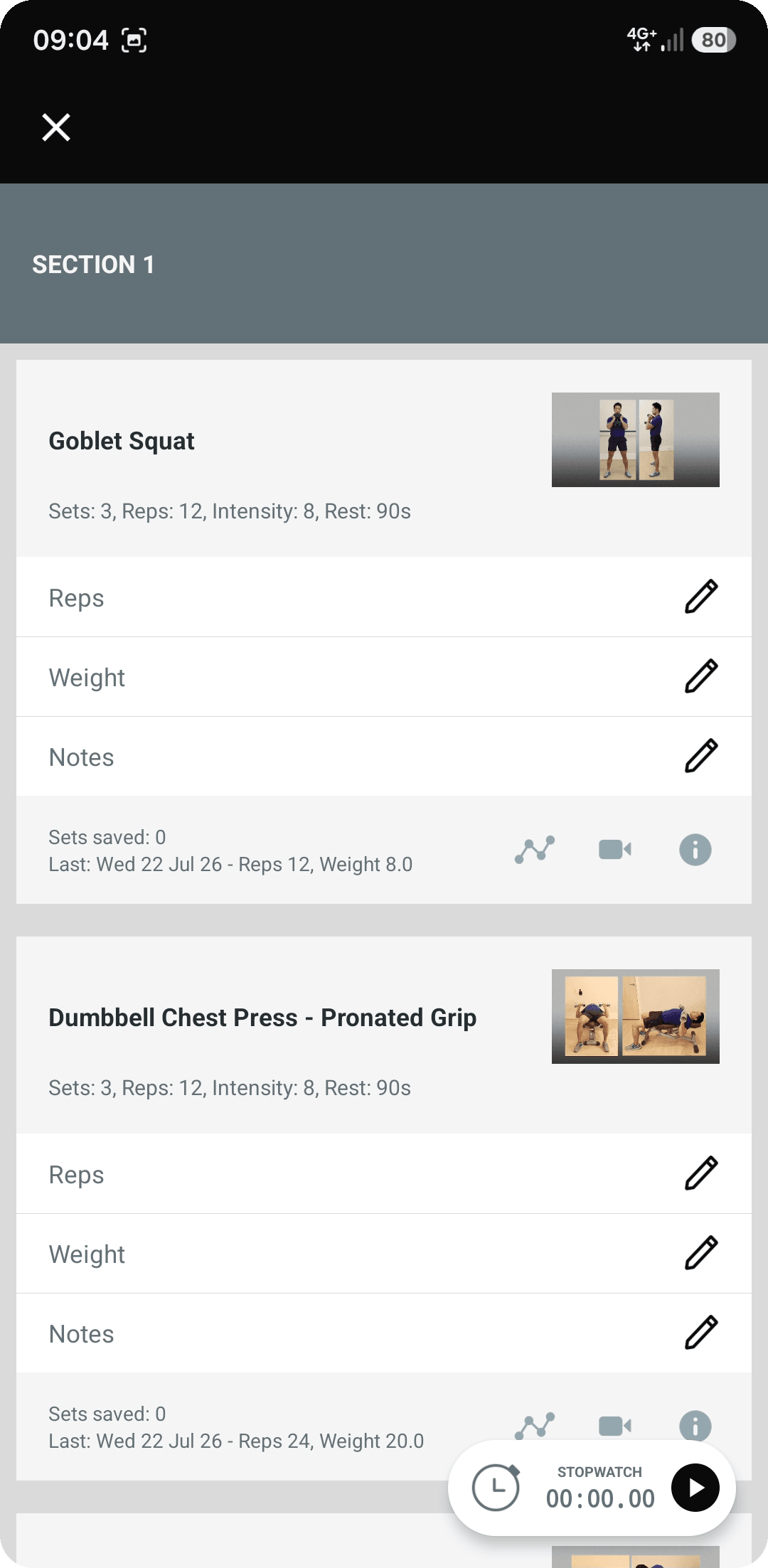 A programmed session in the app, showing sets, reps and rest for each exercise