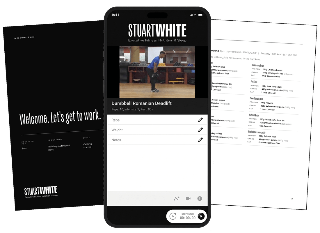 The coaching app on a phone alongside a client's welcome pack and nutrition plan