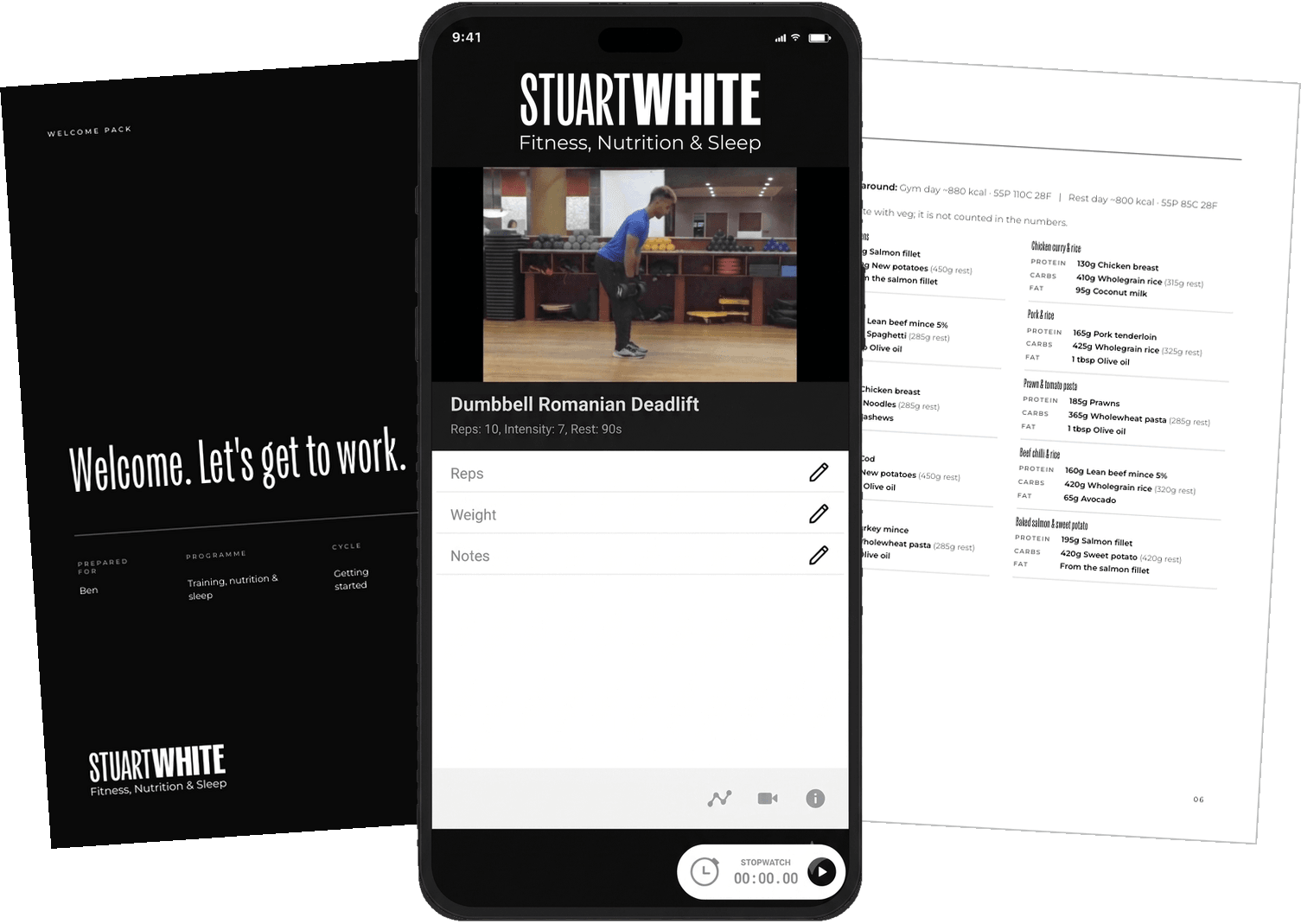 The coaching app on a phone alongside a client's welcome pack and nutrition plan